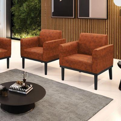 Kit 2 Poltronas Decorativas Pés Fixo Em Madeira Preto Pu Nozes