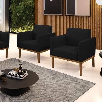 Kit 2 Poltronas Decorativas Pés Fixo Em Madeira Preto Linho Preto