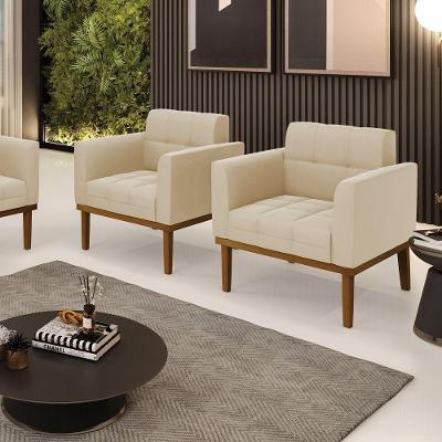 Kit 2 Poltronas Decorativas Pés Fixo Em Madeira Castanho Suede Bege