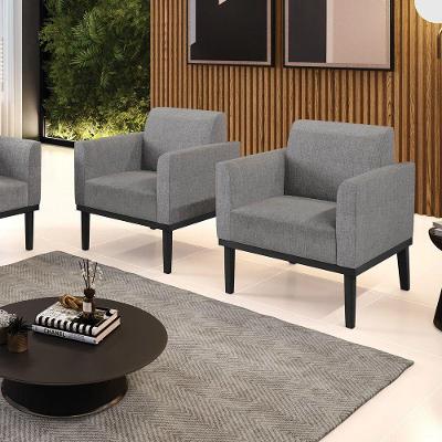 Kit 2 Poltronas Decorativas Pés Fixo Em Madeira Preto Linho Cinza Mesclado