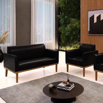 Conjunto Poltrona E Namoradeira Decorativa Pés Fixo Em Madeira Castanho Pu Preto Brilho
