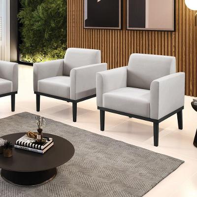 Kit 2 Poltronas Decorativas Pés Fixo Em Madeira Preto Veludo Cinza