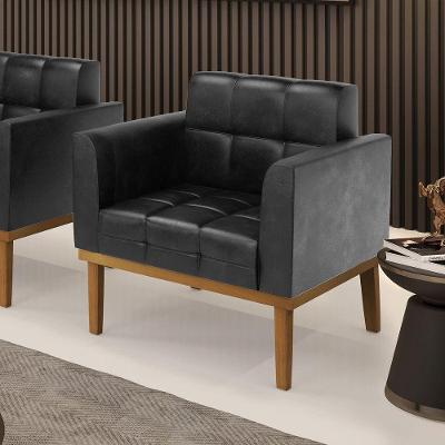 Poltrona Decorativa Pés Fixo Em Madeira Castanho Pu Preto Brilho