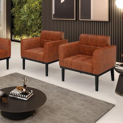 Kit 2 Poltronas Decorativas Pés Fixo Em Madeira Preto Pu Nozes