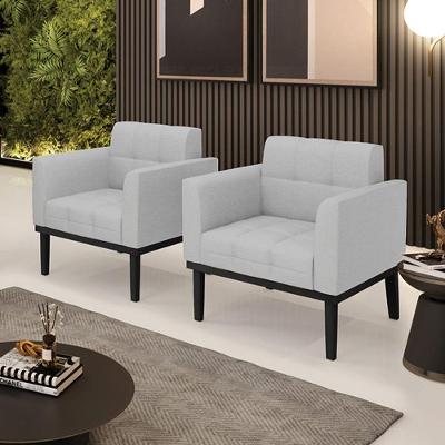 Kit 2 Poltronas Decorativas Pés Fixo Em Madeira Preto Linho Cinza