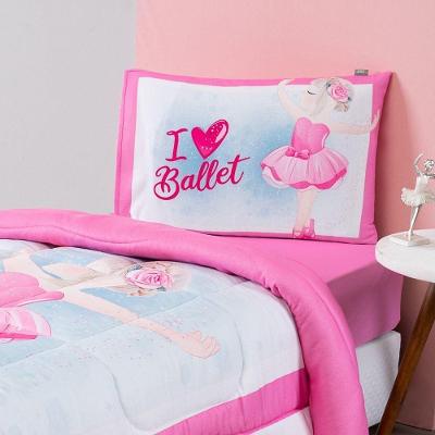 Kit Edredom + Lençol Plush Fofinho Infantil Dupla Face Dream 3 Peças Solteiro - Bailarina.