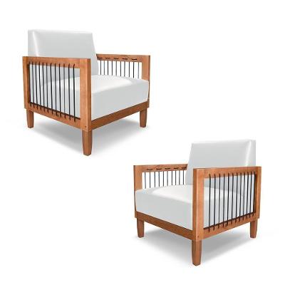 Kit 2 Poltronas Sala De Estar Pés Madeira Maciça Corda Náutica Preta 75cm Manila Pu Branco