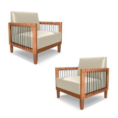 Kit 2 Poltronas Sala De Estar Pés Madeira Maciça Corda Náutica Preta 75cm Manila Pu Bege