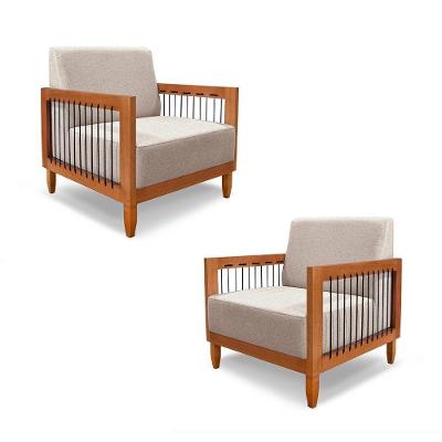 Kit 2 Poltronas Sala De Estar Pés Madeira Maciça Corda Náutica Preta 75cm Manila Linho Areia Rústico