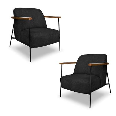 Kit 2 Poltronas Sala De Estar Pés Em Ferro Preto Braço Madeira Maciça 86cm Thane Bouclê Preto