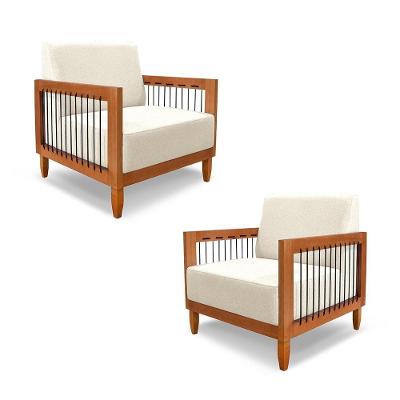 Kit 2 Poltronas Sala De Estar Pés Madeira Maciça Corda Náutica Preta 75cm Manila Linho Off White Rústico