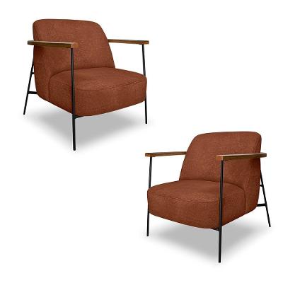 Kit 2 Poltronas Sala De Estar Pés Em Ferro Preto Braço Madeira Maciça 86cm Thane Bouclê Terracota