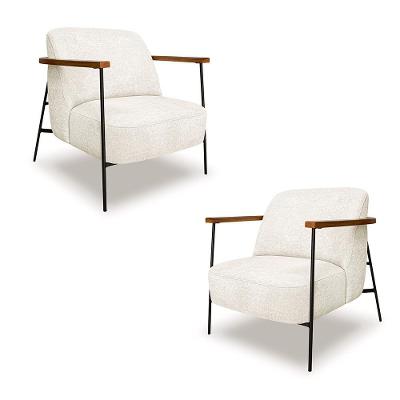 Kit 2 Poltronas Sala De Estar Pés Em Ferro Preto Braço Madeira Maciça 86cm Thane Bouclê Off White