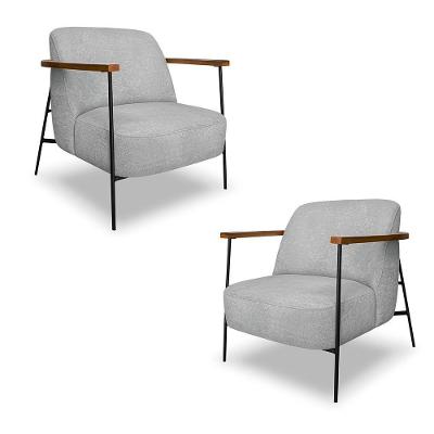 Kit 2 Poltronas Sala De Estar Pés Em Ferro Preto Braço Madeira Maciça 86cm Thane Bouclê Cinza