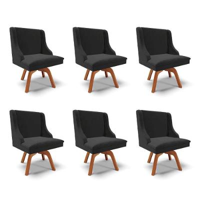 Kit 6 Cadeiras Decorativas Sala De Jantar Base Giratória De Madeira Firenze Veludo Preto/natural G19 - Gran Belo