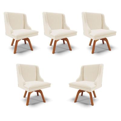 Kit 5 Cadeiras Decorativas Sala De Jantar Base Giratória De Madeira Firenze Linho Bege/natural G19 - Gran Belo