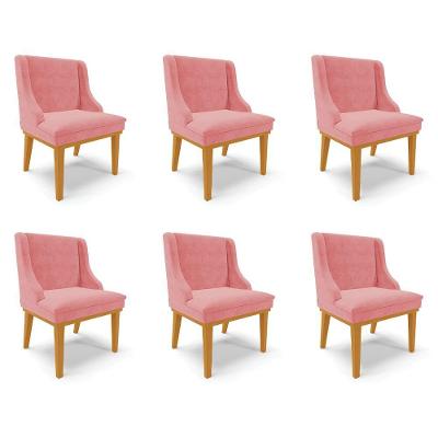 Kit 6 Cadeiras Decorativas Sala De Jantar Base Fixa De Madeira Firenze Suede Rose/castanho G19 - Gran Belo