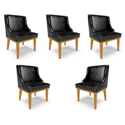 Kit 5 Cadeiras Decorativas Sala De Jantar Base Fixa De Madeira Firenze Pu Preto Brilho/castanho G19 - Gran Belo