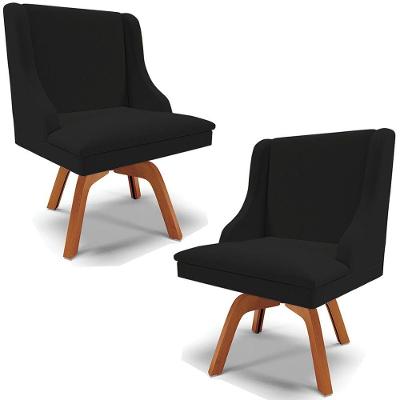 Kit 2 Cadeiras Decorativas Sala De Jantar Base Giratória De Madeira Firenze Linho Preto/natural G19 - Gran Belo