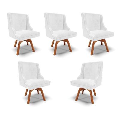 Kit 5 Cadeiras Decorativas Sala De Jantar Base Giratória De Madeira Firenze Pu Branco Brilho/natural G19 - Gran Belo