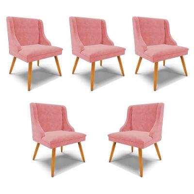 Kit 5 Cadeiras Decorativas Sala De Jantar Pés Palito De Madeira Firenze Suede Rosê/natural G19 - Gran Belo