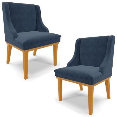 Kit 2 Cadeiras Decorativas Sala De Jantar Base Fixa De Madeira Firenze Suede Azul Marinho/castanho G19 - Gran Belo