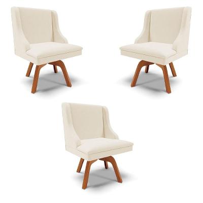 Kit 3 Cadeiras Decorativas Sala De Jantar Base Giratória De Madeira Firenze Linho Bege/natural G19 - Gran Belo