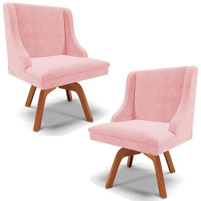 Kit 2 Cadeiras Decorativas Sala De Jantar Base Giratória De Madeira Firenze Suede Rosa Bebê/natural G19 - Gran Belo