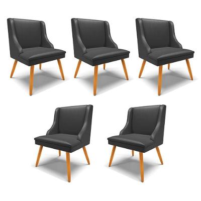 Kit 5 Cadeiras Decorativas Sala De Jantar Pés Palito De Madeira Firenze Pu Preto Fosco/natural G19 - Gran Belo