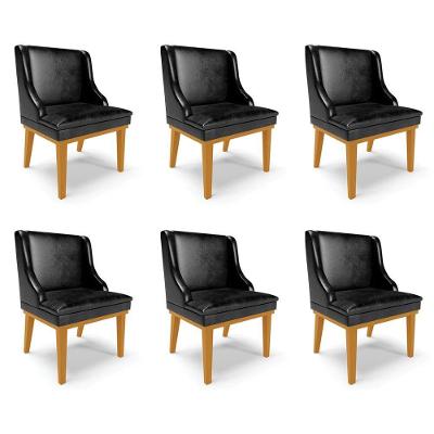 Kit 6 Cadeiras Decorativas Sala De Jantar Base Fixa De Madeira Firenze Pu Preto Brilho/castanho G19 - Gran Belo
