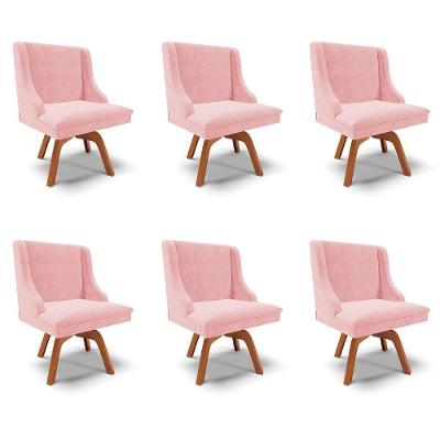 Kit 6 Cadeiras Decorativas Sala De Jantar Base Giratória De Madeira Firenze Suede Rosa Bebê/natural G19 - Gran Belo