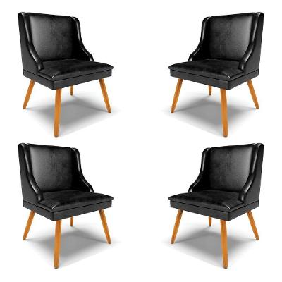 Kit 4 Cadeiras Decorativas Sala De Jantar Pés Palito De Madeira Firenze Pu Preto Brilho/natural G19 - Gran Belo