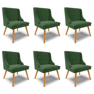 Kit 6 Cadeiras Decorativas Sala De Jantar Pés Palito De Madeira Firenze Suede Verde Esmeralda/natural G19 - Gran Belo