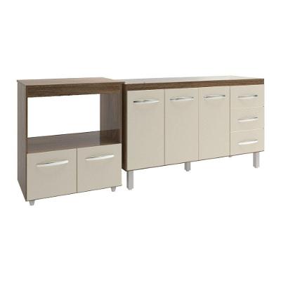 Armário Cozinha Balcão Gabinete De Pia 140 Cm Carine E Balcão Para Microondas E Forno Elétrico Amanda Savana Off White