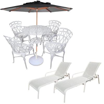 Conjunto Com Mesa Ripada + 4 Cadeiras De Jardim E Piscina + Ombrelone Com Base Preto