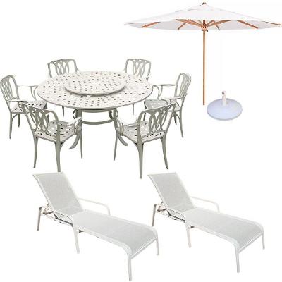 Conjunto De Jardim Mesa Giratória 6 Cadeiras, Ombrelone E Espreguiçadeira Piscina Branco
