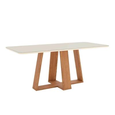 Mesa de Sala Jantar Lins SC96 c/Tampo Madeirado Vidro Curvo 200x90cm Nature/Off White - Henn