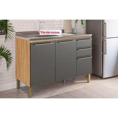 Balcão De Cozinha P/pia Nápoli Prime 3 Portas E 2 Gavetas S/tampo 120cm Amendoa/chumbo - Ronipa