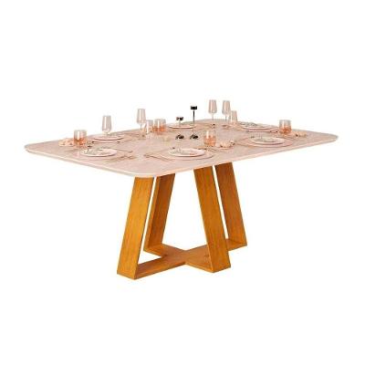Mesa de Sala Jantar Celeste c/Tampo Madeirado Vidro Curvo 160x90cm Cedro/Off White - DJ Móveis