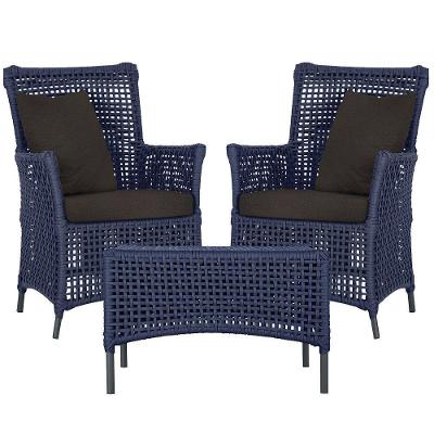 2 Poltronas E 1 Mesa Igapó Alumínio Preta Corda Náutica E9 Azul