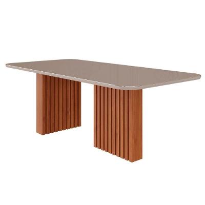 Mesa de Sala Jantar Ester c/Tampo Madeirado Vidro Reto 210x100cm Cinamomo/Off White - Cimol