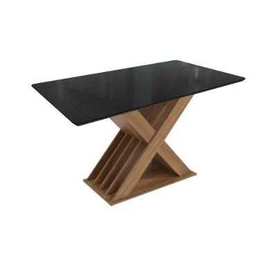 Mesa de Sala Jantar Graviola c/Tampo Madeirado c/ Vidro 90x160cm Nogueira/Preto fosco/Vidro preto - Kappesberg