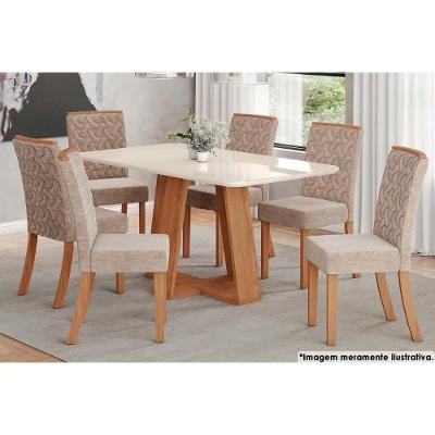 Sala de Jantar Completa Lins c/ Tampo Madeirado c/ Vidro Curvo 160x90cm e 6 Cadeiras Esther Nature/Creme - Henn