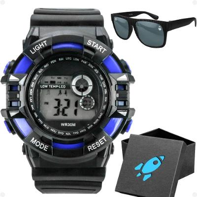 Relogio Digital Infantil Menino Preto + Caixa + Oculos Sol Qualidade Premium Original Data Preto