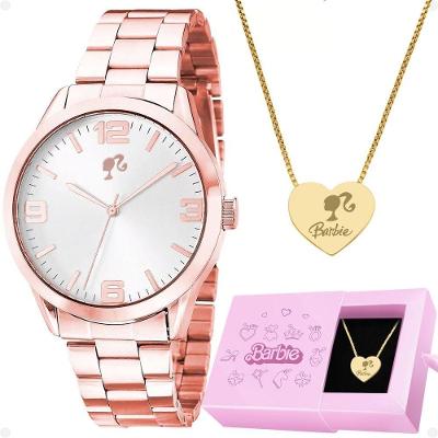 Relogio Feminino Aço Rose + Colar Barbie Coração + Caixa Rose Original Social Edição Limitada Moda