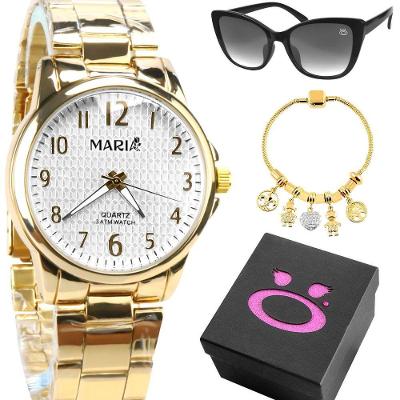 Relogio Feminino Dourado Aço + Pulseira + Caixa Casual Redondo Personalizavel Moda Presente Social