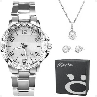 Relógio Feminino Aço Inox Strass + Brincos + Caixa Ponteiro Qualidade Premium Original Perola Casual