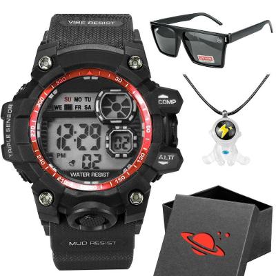 Relogio Silicone Infantil Digital Criança Menino + Caixa Vermelho Silicone Ajustavel Data Preto