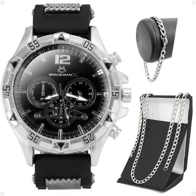 Relogio Masculino Aço Inox + Cordão Prata Grumet + Pulseira Casual Black Piano Qualidade Premium