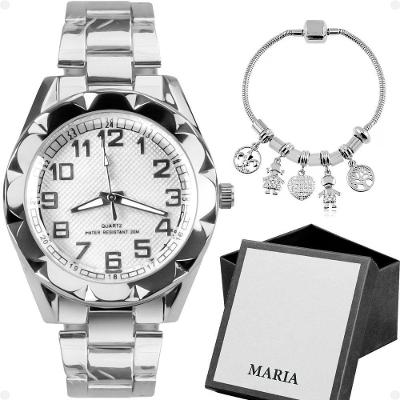 Relogio Feminino Prova Dagua Prata Aço + Caixa + Pulseira Casual Resistente Social Presente Original